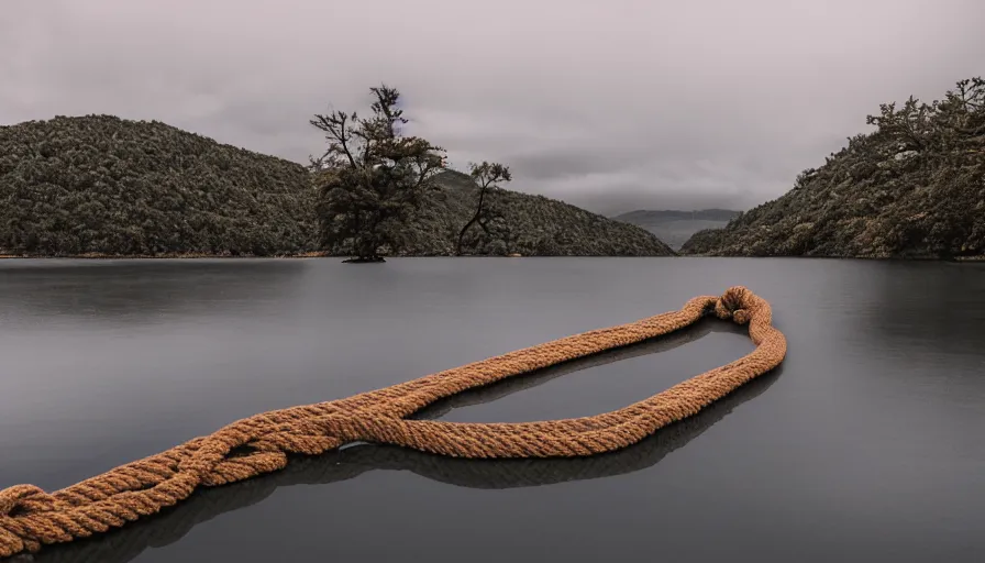 Prompt: wide shot of a bundle of rope on the surface of water, in the middle of a lake, overcast day, rocky foreground, 2 4 mm leica anamorphic lens, moody scene, stunning composition, hyper detailed, color kodak film stock