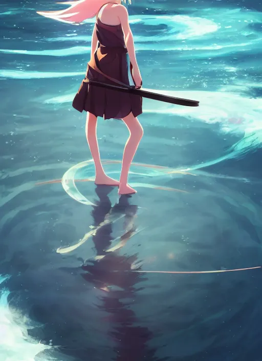 Image similar to anime girl with a katana walking on water, ripples, saturn in the background, low angled, illustration, concept art, anime, key visual, trending pixiv fanbox by wlop and greg rutkowski and makoto shinkai and studio ghibli