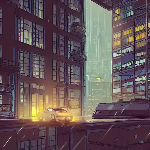 Prompt: beautiful digital illustration of loft in the evening, science fiction, cyberpunk city, rainy day outside, luxury, interior design, tall windows, trending on artstation