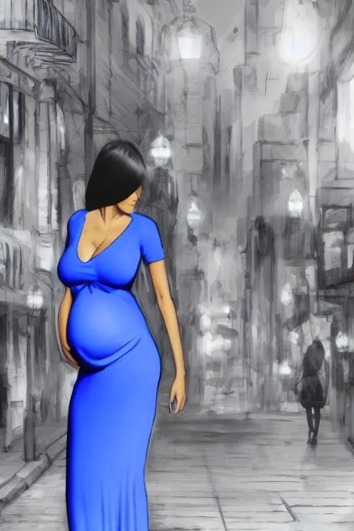 Image similar to pregnant woman in a small blue dress on night street, highly detailed, sharp focused, ultra realistic digital concept art