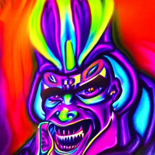 Image similar to psychedelic blacklight airbrush artwork of a stylized orc biker