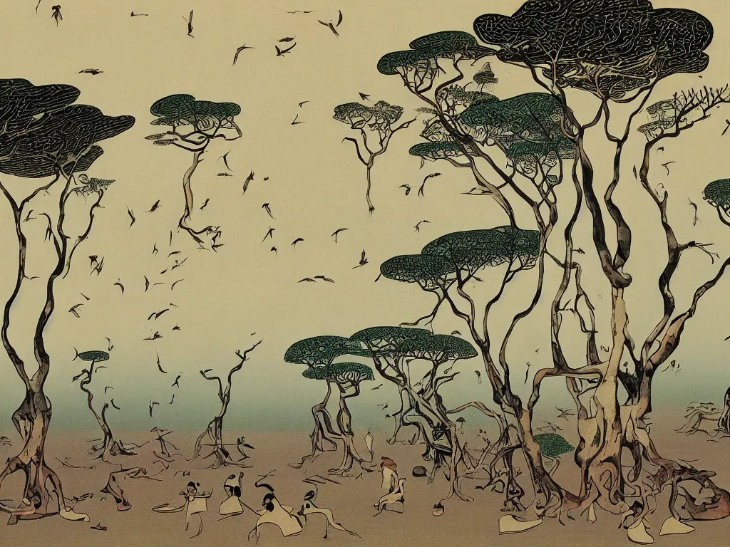 Image similar to Socotra island with baobab trees and sandstorm. Artwork by Yves Tanguy, Hiroshige