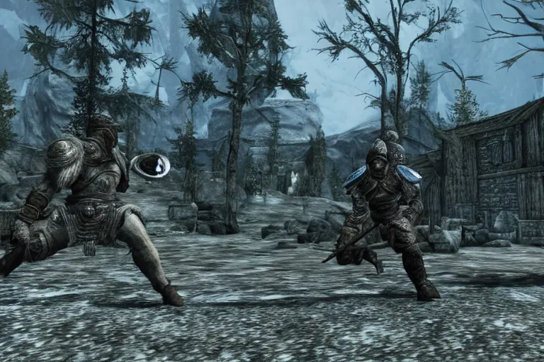 Image similar to the player fighting against a denim blue audi a 4 b 6 avant in skyrim, the elder scrolls v : skyrim gameplay footage