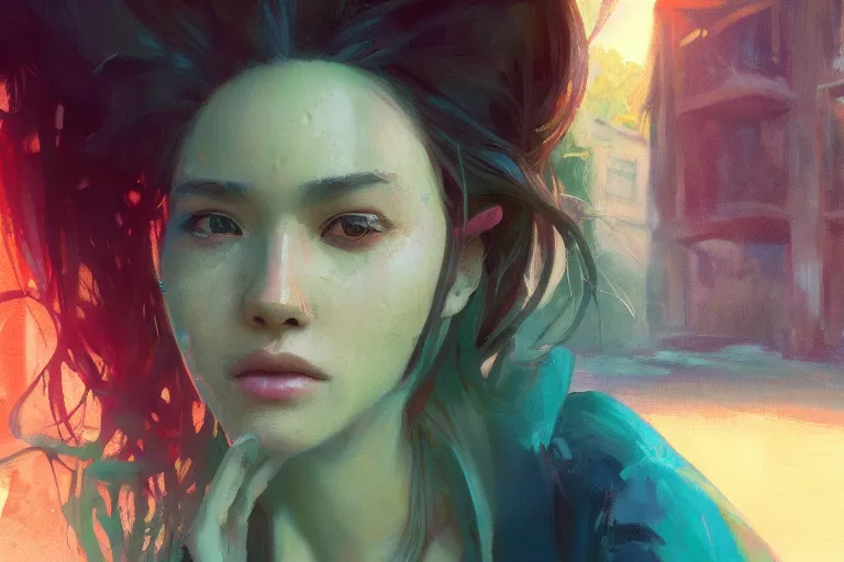 Prompt: digital art of a beautiful girl wearing a shirt standing in front of a ruined apartment complex, jungle composition, sunlit, expressive oil painting, by artgerm, by jeremy lipking, anime style, octane render, bright colors, face!!!! close - up