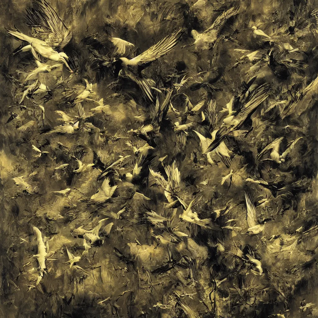 Image similar to digital birds fly over a progressively rasterized, oil on canvas by dave mckean and ivan shishkin