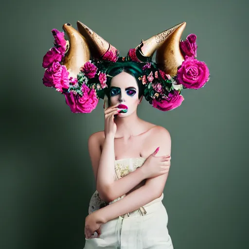 Prompt: a creative portrait of a beautiful female model, beauty shot, horn headpiece, floral painted backdrop, photography, creative makeup, female character, canon eos r 3, f / 1. 4, iso 2 0 0, 1 / 1 6 0 s, 8 k, raw, unedited, symmetrical balance, in - frame