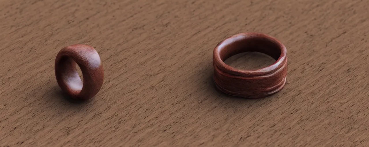 Image similar to simple wooden ring with a leather ornament, ring, wood, leather, smooth shank, engravings, product design, jewelry, art by gerald brom, greg rutkowski and artgerm and james jean and zdzisław beksinski, 8 k, unreal engine, c 4 d