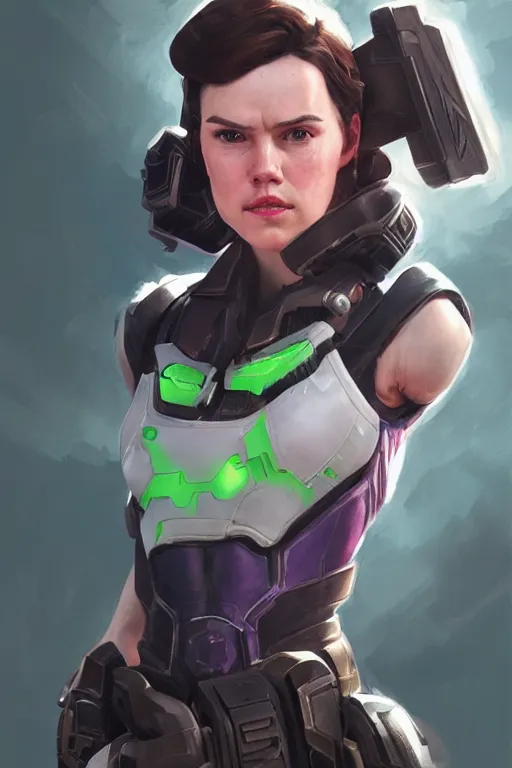 Prompt: Portrait of Daisy Ridley cosplaying as DVA from Overwatch, marvel comics, dark, intricate, highly detailed, smooth, artstation, digital illustration by Ruan Jia and Mandy Jurgens and Artgerm and Wayne Barlowe and Greg Rutkowski and Zdislav Beksinski