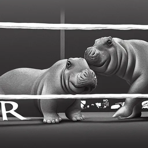 Prompt: Photorealistic hippos in a boxing match