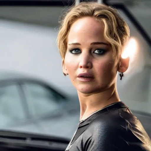 Prompt: Promo photo of Jennifer Lawrence as Dom in 2029 remake of Fast and the Furious