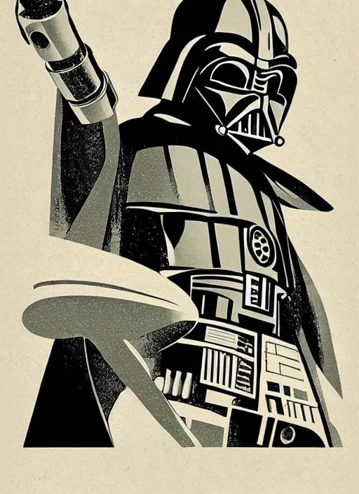 Image similar to a mid - century modern illustration, screen printed, textured, paper texture, of star wars