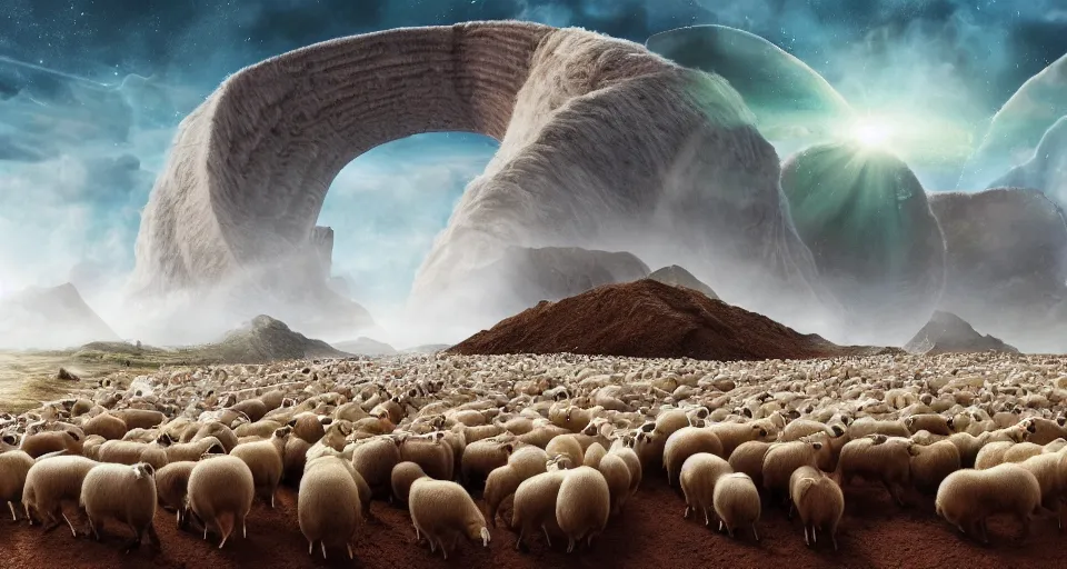 Image similar to The great migration of sheep on a huge shit collapsed in the form of an O'Neill cylinder in orbit of a capybara, rectilinear, barometric projection, dutch angle from space view, concept art, high detail, intimidating, deep rich colors, iridescent radiance, epic scale ultrawide angle, stunning, epic, cinematic, Artstation trending, octane render, hyperrealistic, Cryengine 8k UHD