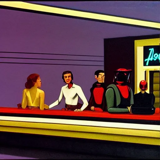 Prompt: Star Wars Cantina in the style of Edward Hopper's famous 1942 painting Nighthawks