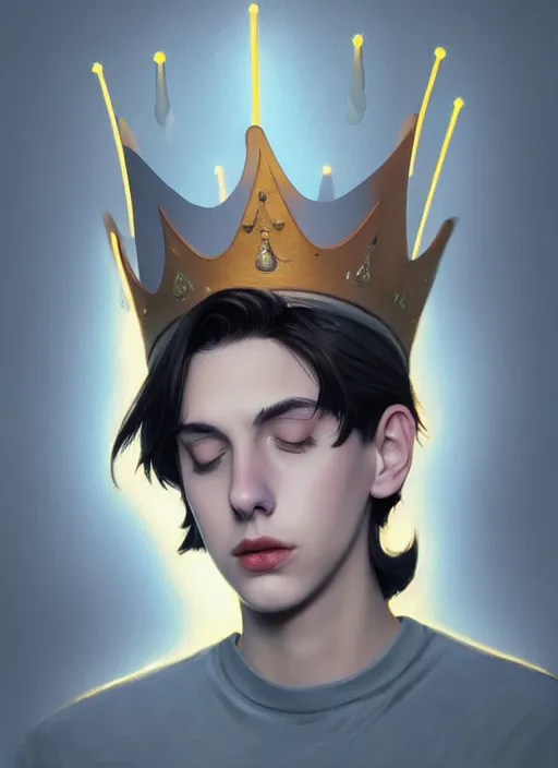 Image similar to portrait of teenage jughead jones wearing a light grey crown, photorealistic, crown, eyes closed, crown, black hair, intricate, elegant, glowing lights, highly detailed, digital painting, artstation, concept art, smooth, sharp focus, illustration, art by wlop, mars ravelo and greg rutkowski