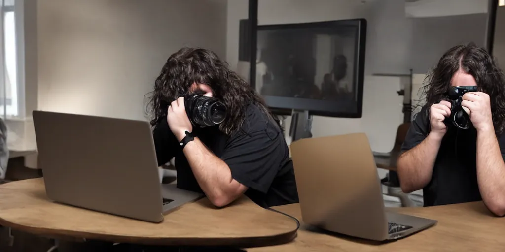 Image similar to silhouette angry fat pimply videographer with long dirty hair type angry comment on laptop sitting near table, mid range view from side