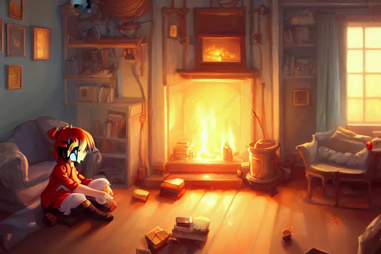 Prompt: a cozy!!!!!! room with a fireplace, intricate oil painting, high detail illustration, sharp high detail, manga and anime, official fanart behance hd artstation by jesper ejsing and makoto shinkai, 4 k,