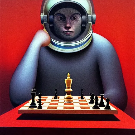 Prompt: Portrait of an astronaut wearing helmet playing chess, Edward Hopper and James Gilleard, Zdzislaw Beksinski, Mark Ryden, Wolfgang Lettl highly detailed, hints of Yayoi Kasuma