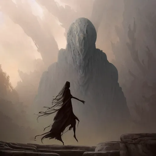 Prompt: stone humanoid colossus by grzegorz rutkowski and richard wright and peter mohrbacher and dan scott, atmospheric haze, stormy, forest, tiny woman in cloak in foreground silhouette, large scale