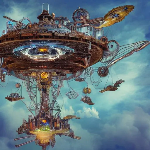 Prompt: flying city in a mechanical flower, sky, fantasy art, steampunk, masterpiece, behrens style