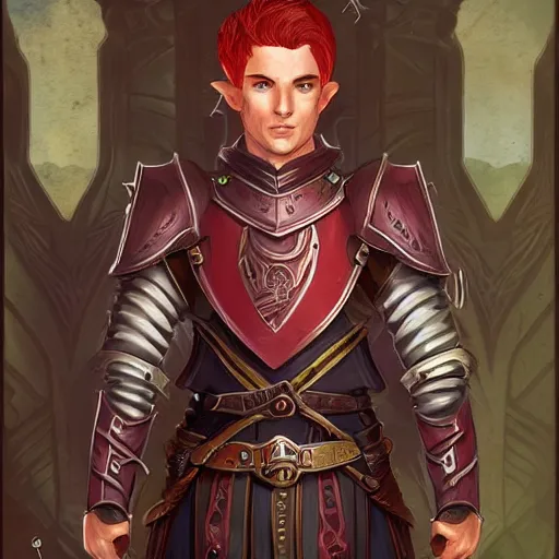 Prompt: character portrait, D&D, male half-elf, artificer, short red hair shaved on sides, white jacketed, half-plate armor, artstation, ultra detailed, in the style of terese nielsen