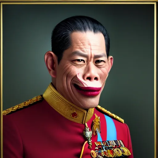 Image similar to a portrait of King Vajiralongkorn picking his nose, realistic face, grimdark extremely detailed fantasy art by Gerald Brom, octane render