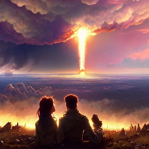 Prompt: a young couple watching a nuclear explosion, romantic, mushroom cloud, uplifting, happy, apocalytic detailed digital matte painting by artgerm, greg rutkowski and alphonse mucha