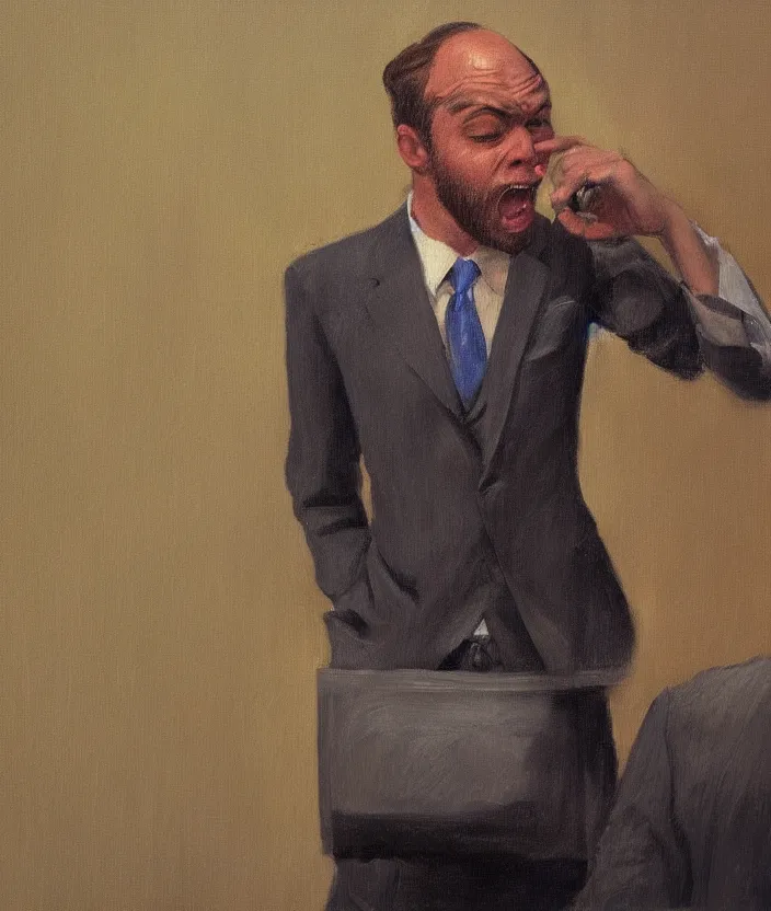 Image similar to a close up portrait painting of a man in a suit, the man is screaming and sad, highly detailed facial details, face close up, in the style of edward hopper, fine brush strokes, 4 k,