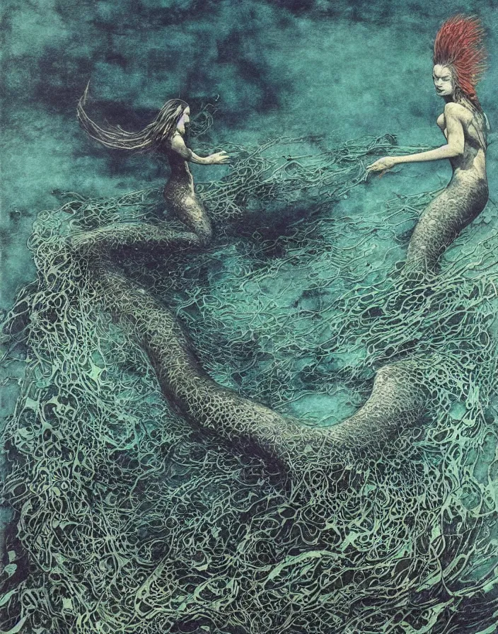 Image similar to a mermaid with big fins swimming deep underwater amongst seaweed and sea creatures, mermaid, beksinski painting, part by adrian ghenie and gerhard richter. art by takato yamamoto. masterpiece, dark and moody, deep colours, blue