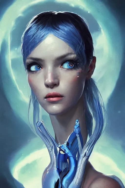 Image similar to a fancy portrait of an attractive alien women with blue eyes by Greg Rutkowski, Sung Choi, Mitchell Mohrhauser, Maciej Kuciara, Johnson Ting, Maxim Verehin, Peter Konig, final fantasy , 8k photorealistic, cinematic lighting, HD, high details, atmospheric , trending on artstation