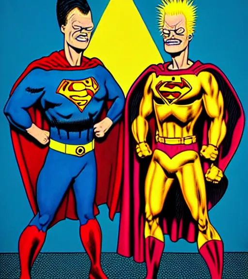 Prompt: beavis and butthead as superheroes by dan mumford and gil elvgren, hyperrealism, highly detailed, intricate details