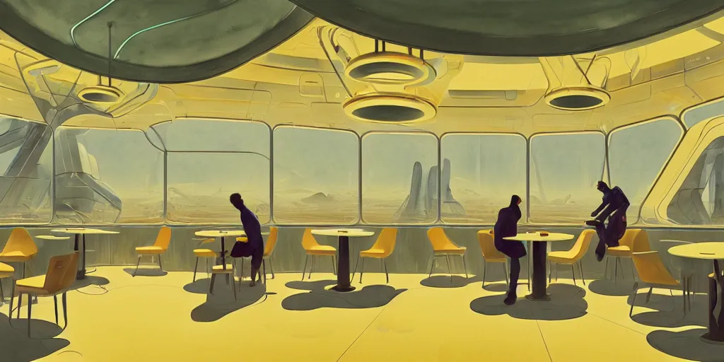 Image similar to a beautiful illustration of futuristic cafe interior, big medium small, sacred geometry, golden ratio, in watercolor gouache detailed paintings, in style of syd mead, trending on artstation, 8 k, panel, hard surface, vent, zaha hadid, props, plant, cozy, decoration around the room, simon stalenhag, deus ex