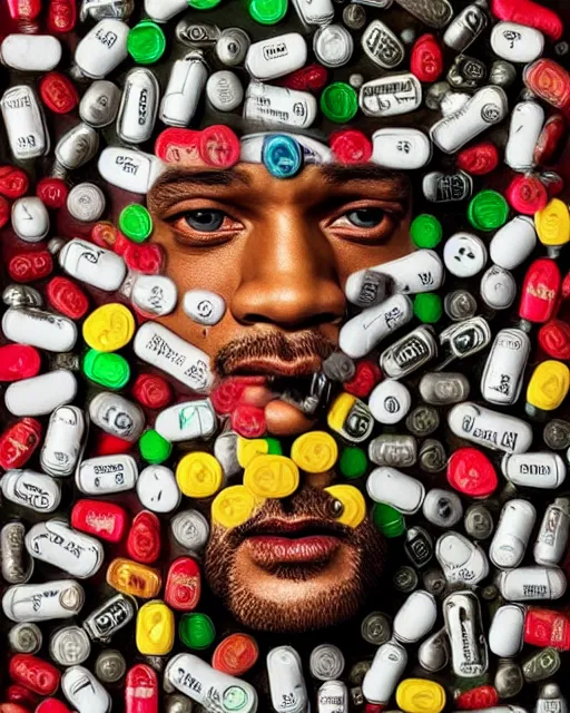 Prompt: will smith made out of pills, human face made out of pills, professional food photography, by giuseppe arcimboldo