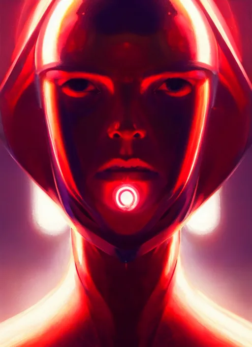 Image similar to symmetry!! portrait of a metallic being with a face with a glowing red light, complimentary colors, perfect lighting, perfect composition, aesthetic, masterpiece, award winning, artstation, darek zabrocki, greg rutkowski, artgerm, 4 k