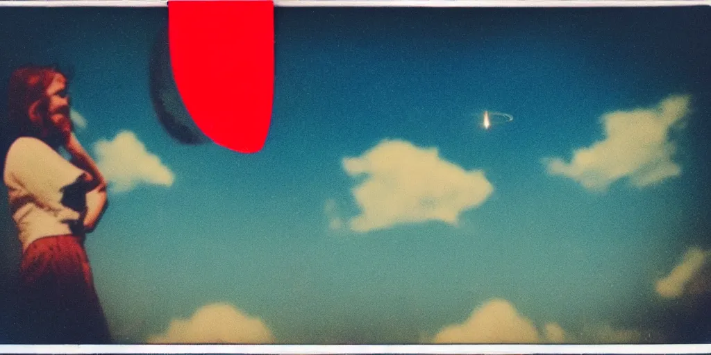 Image similar to vintage polaroid of a beautiful woman spotting a ufo in the sky, seen from behind, detailed clouds, warm azure tones, red color bleed, film grain