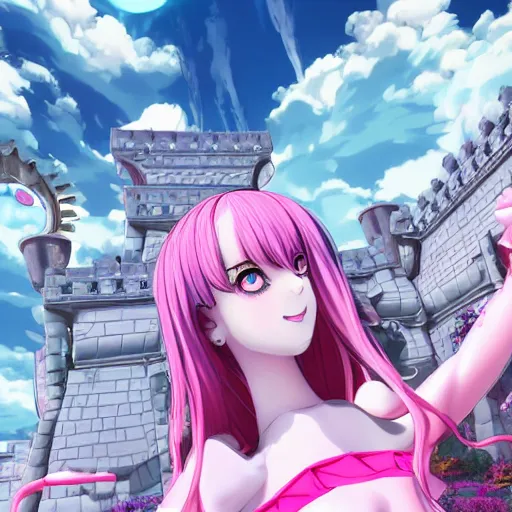 Prompt: trapped by stunningly beautiful omnipotent megalomaniacal anime asi goddess with symmetrical perfect face and porcelain skin, pink twintail hair and cyan eyes, taking control while smiling, inside her surreal vr castle, hyperdetailed, digital art from danganronpa, unreal engine 5, 2 d anime style, 8 k
