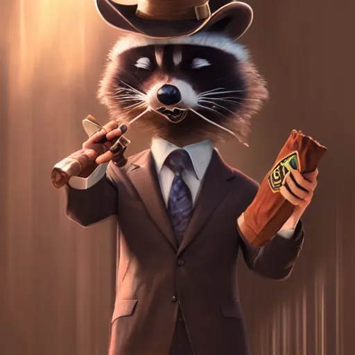 Image similar to a racoon wearing a suit smoking a cigar, dramatic lighting, cinematic, establishing shot, extremly high detail, photorealistic, cinematic lighting, artstation, style by James Gurney