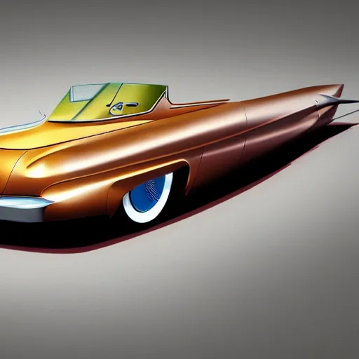 Prompt: flying 5 0 s car model with wings and a back thruster designed by cadillac color concept drawing