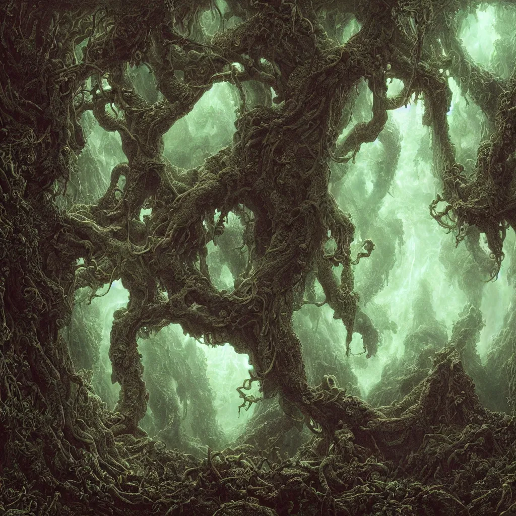 Prompt: Photorealistic shoggoth in the garden of eden in the style of Michael Whelan and Gustave Dore. Hyperdetailed photorealism, epic scale, misty, 108 megapixels, amazing depth, glowing rich colors, powerful imagery, psychedelic Overtones, 3D finalrender, 3d shading, cinematic lighting, artstation concept art