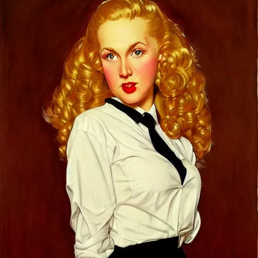 Prompt: beautiful painting of jerma985 with long pale curly blond hair, very very light fluffy curly blond hair, white secretary shirt and black miniskirt, pinup poster by J.C Leyendecker and Norman Rockwell