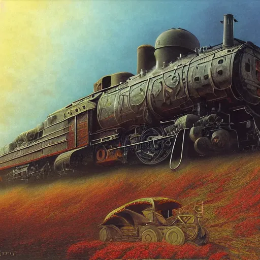 Prompt: an enormously and highly realistic and detailed concept painting of a old Steam locomotive made of locusts racing towards infinity in space , art by Beksinski, Vlad Gheneli, Andreas Rocha, john howe, albert Bierstadt, alena, rectilinear, octane render., trending on artstation.