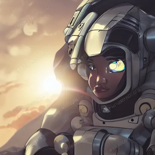 Image similar to front-facing portrait of a female mecha astronaut on a distant planet with a broken air ship, cinematic lighting, epic