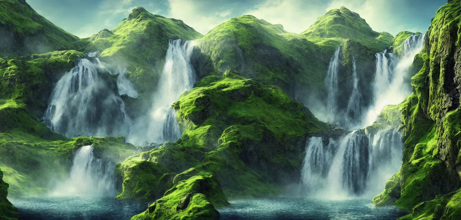 Prompt: a waterfall in the middle of a mountain range, a detailed matte painting by hallsteinn sigurðsson, shutterstock contest winner, naturalism, uhd image, creative commons attribution