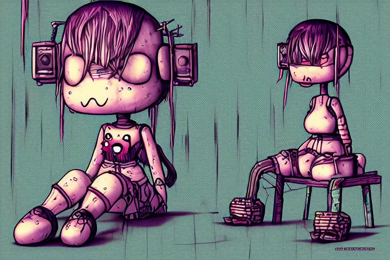 Prompt: cell shaded cartoon of a sad patchwork doll sitting alone, riot ranging behind her, cyberpunk, post grunge, concept art, highly detailed, sharp focus, dark retrowave, trending on artstation, hq, deviantart, japanese gothic