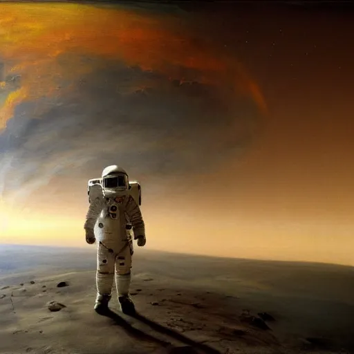 Image similar to astronaut standing on the surface of mars, looking at the turbulent sky on the horizon as painted by caravaggio as painted by turner, high detail 8 k render