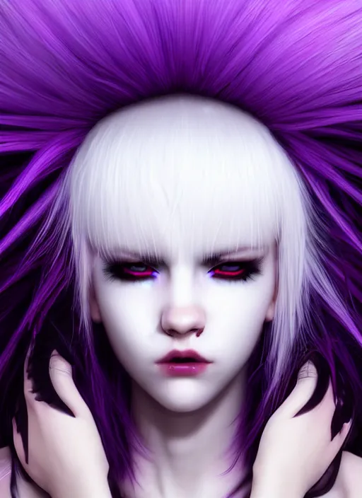 Prompt: hair whitebangs hair, black cyberlox, portrait of normal teenage girl, white bangs, messy bangs, fluffy bangs, cyberlox, whitebangs, red contact lenses, purple background, intricate, elegant, highly detailed, digital painting, artstation, concept art, sharp focus, smooth, illustration, art by wlop, mars ravelo and greg rutkowski