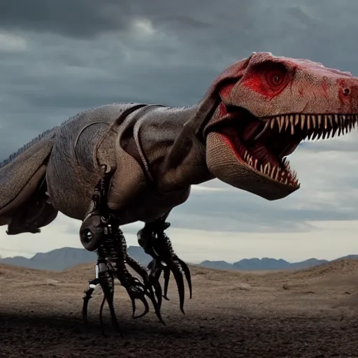 Image similar to cinematic still of westworld, si - fi robotic tyrannosaurus rex, highly detailed