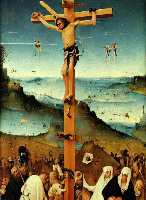 Prompt: Bored Ape nailed to the Cross by Hieronymus Bosch, day time sky, surreal oil painting, highly detailed, dream like, masterpiece