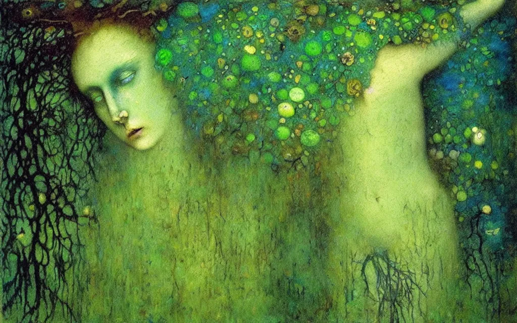 Prompt: vibrant green opal dryad forest spirit verdant pelagic flowing blue green sea naiad, award winning oil painting by santiago caruso and odilon redon