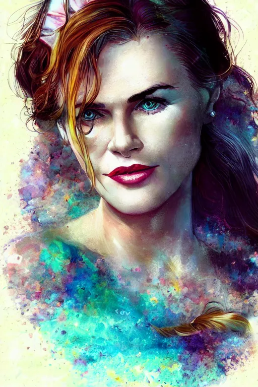 Image similar to mix of beautiful young maria shriver, mariel hemmingway, brooke shields, nicole kidman and elle macpherson as an underwater mermaid, thin lips, hair tied up in a pony tail, dark blonde hair, colorful, artstation, cgsociety