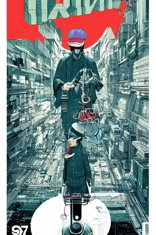 Image similar to 1 9 7 9 omni magazine cover of hiroyuki sanada in a rice hat. stylized cyberpunk art by josan gonzalez.